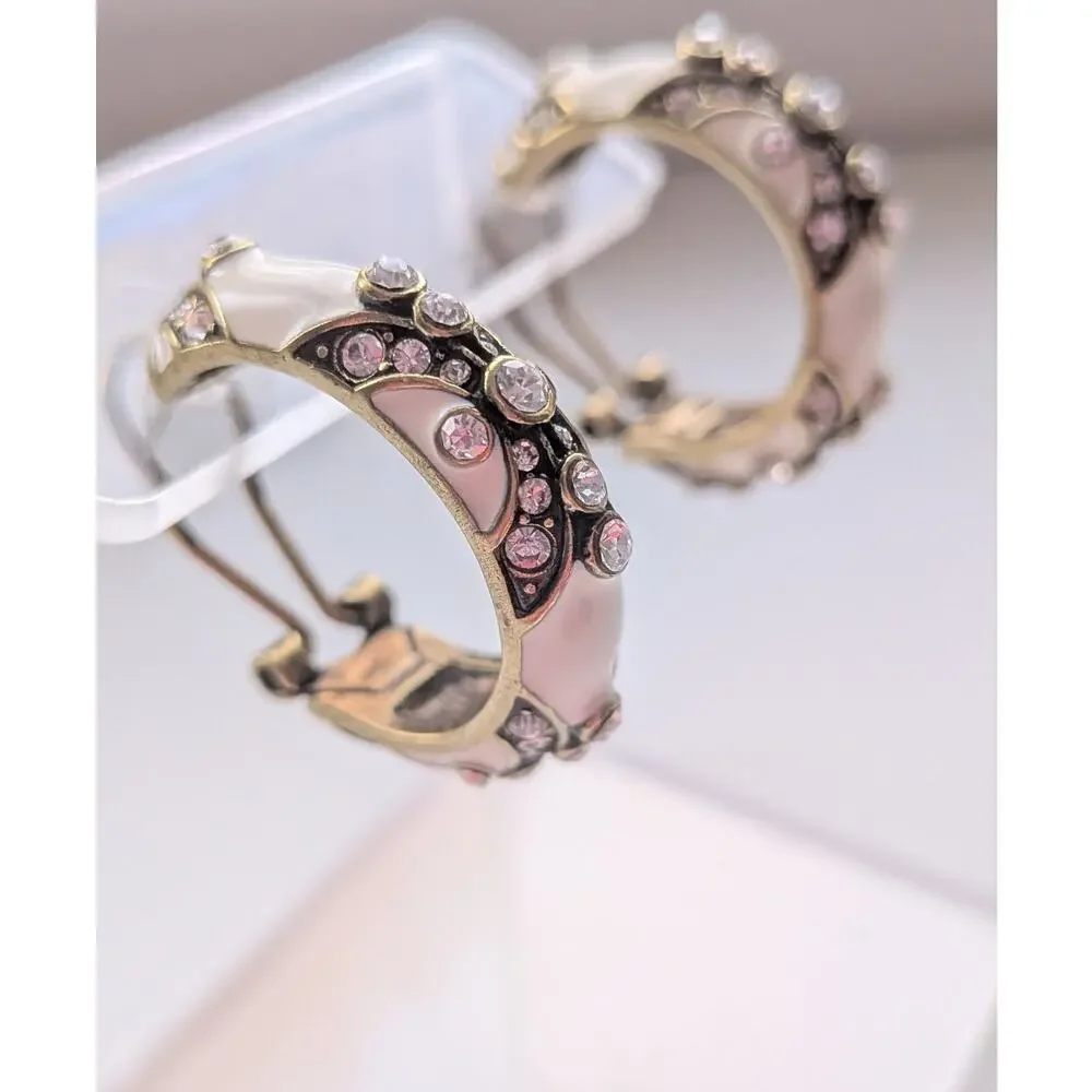 Heidi Daus Clear Crystal Rhinestone White Enamel Gold Tone Hoop Earrings